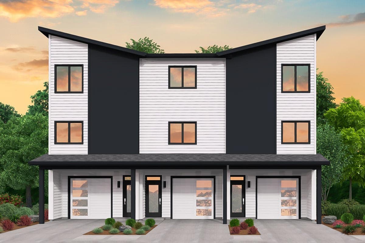 House plan exterior. Modern style, three stories, with flat rooflines, dark accent panels, and attached garages.