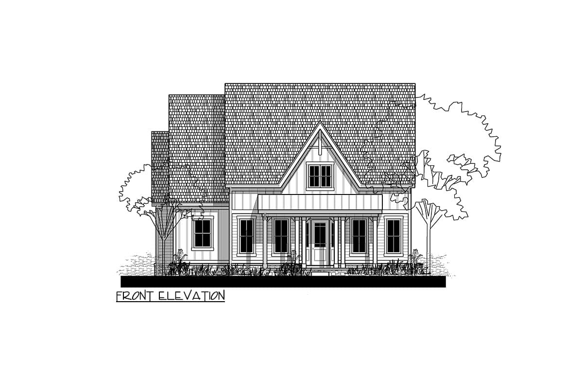 Front elevation drawing of a two-story house with a covered front porch, gabled roof, and multiple windows.