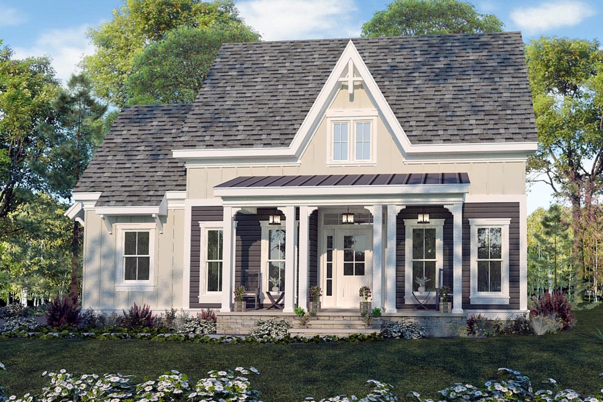 House plan exterior: Two-story Modern Farmhouse with a covered front porch, prominent gable, and varied siding.