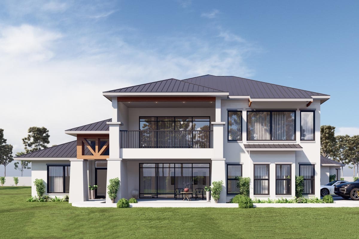 House plan exterior featuring a two-story modern design with a balcony, dark metal roof, and large windows.