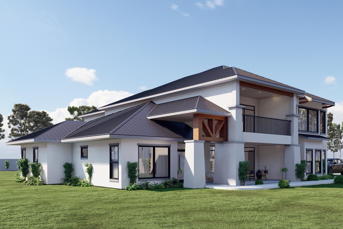 House plan exterior: Modern two-story residence with a multi-pitched metal roof, covered patio, and upper balcony with railing.