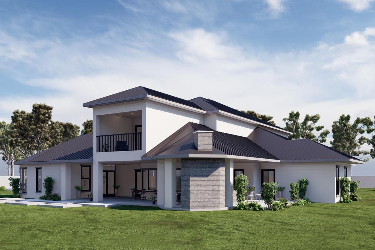 House plan exterior: Two-story modern home with second-story balcony, covered patio, and stone-clad chimney.