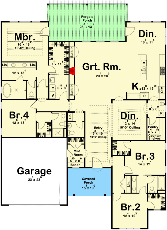 Plan 623281DJ: 4 Bed Southwest House Plan Under 3000 Sq Ft - Floor Plan - Main Level - Adobe , Southwest, Spanish