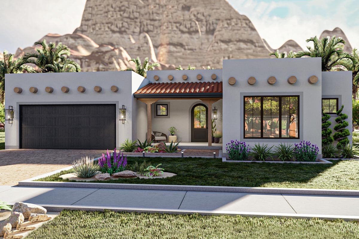 House plan exterior: Single-story stucco home with attached garage, tile roof over entry, and decorative wooden beams.