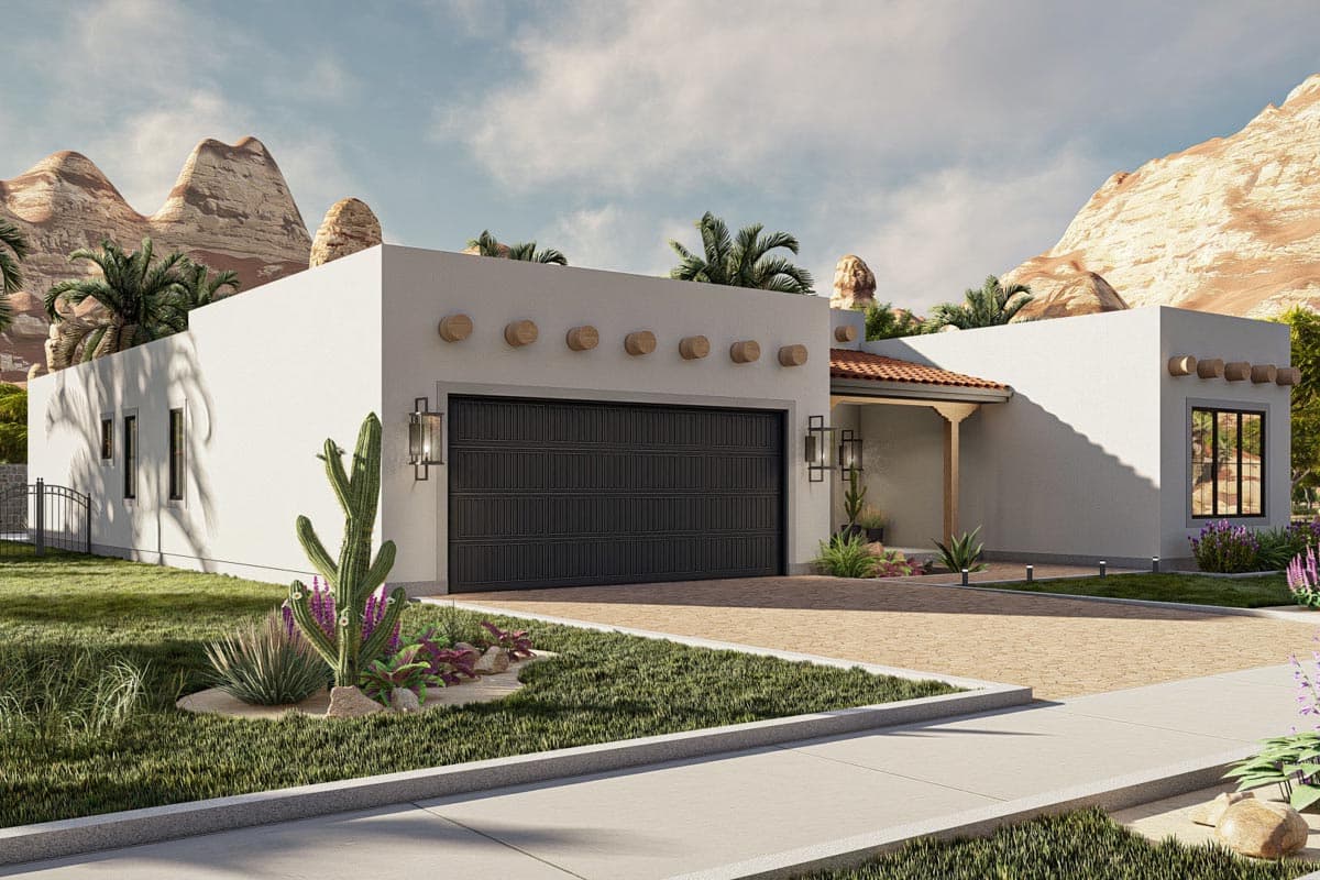 One-story stucco house plan with attached garage, covered entry, and decorative wooden corbels.