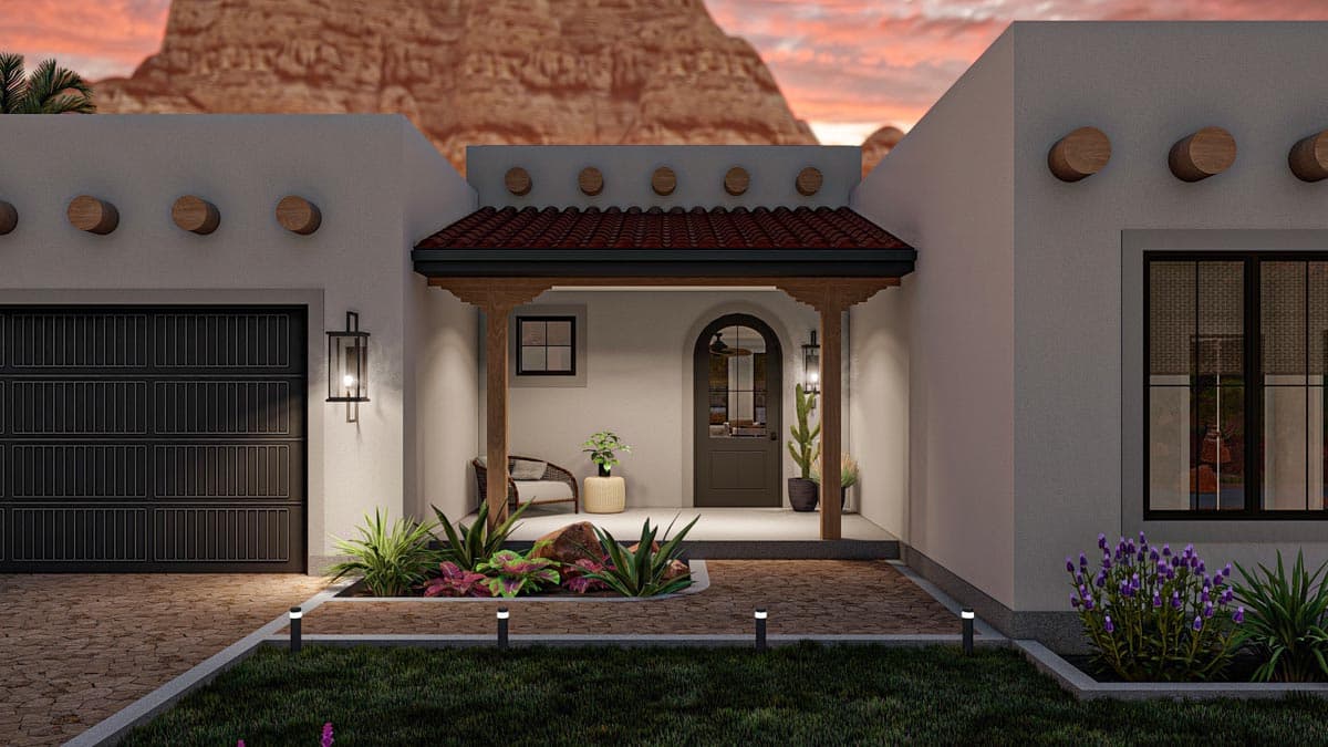 Southwestern style house plan exterior with garage, tiled roof entryway, wood beams, and decorative stucco details.