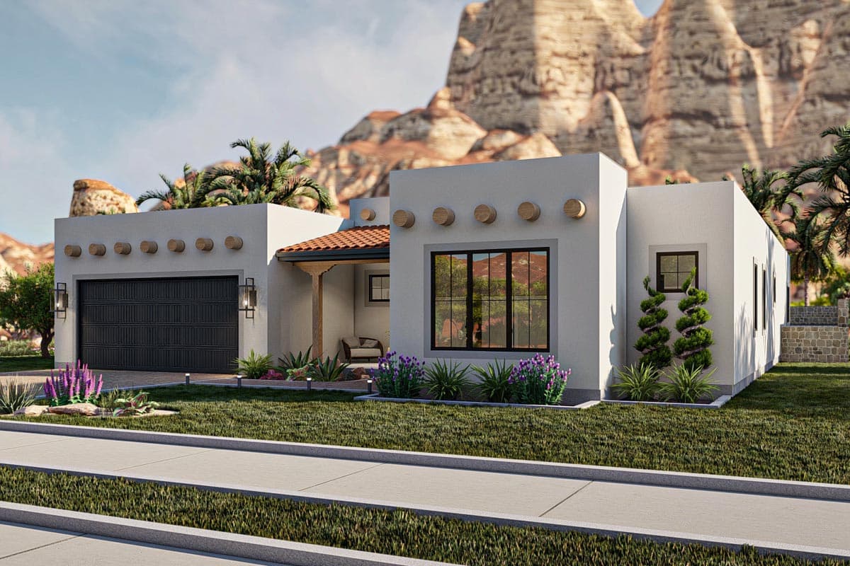 Southwestern style house plan exterior, one story, with a two-car garage, covered entry, and flat roof with parapet.
