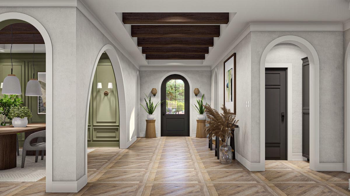 Interior rendering of a hall with arched doorways, a beamed ceiling, a dark arched door, and wood plank flooring.
