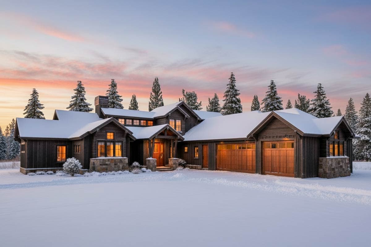 House plan exterior. Two-story Craftsman home with gabled roof, stone accents, and attached garage with wood doors, set in snowy landscape.