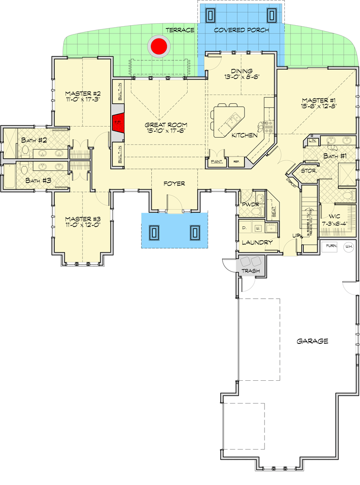 Plan 54247HU: 2536 Sq Ft 4-Bed Modern Craftsman with 3 Ensuite Bedrooms on Main Level - Floor Plan - Main Level - Craftsman, Mountain, Northwest, Ranch, Transitional