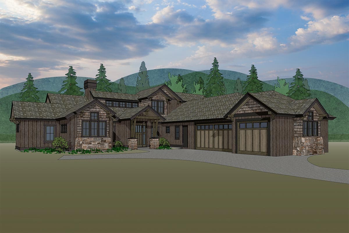 House plan exterior: Mountain style home with wood and stone siding, multiple gables, covered entry, and a three-car garage.