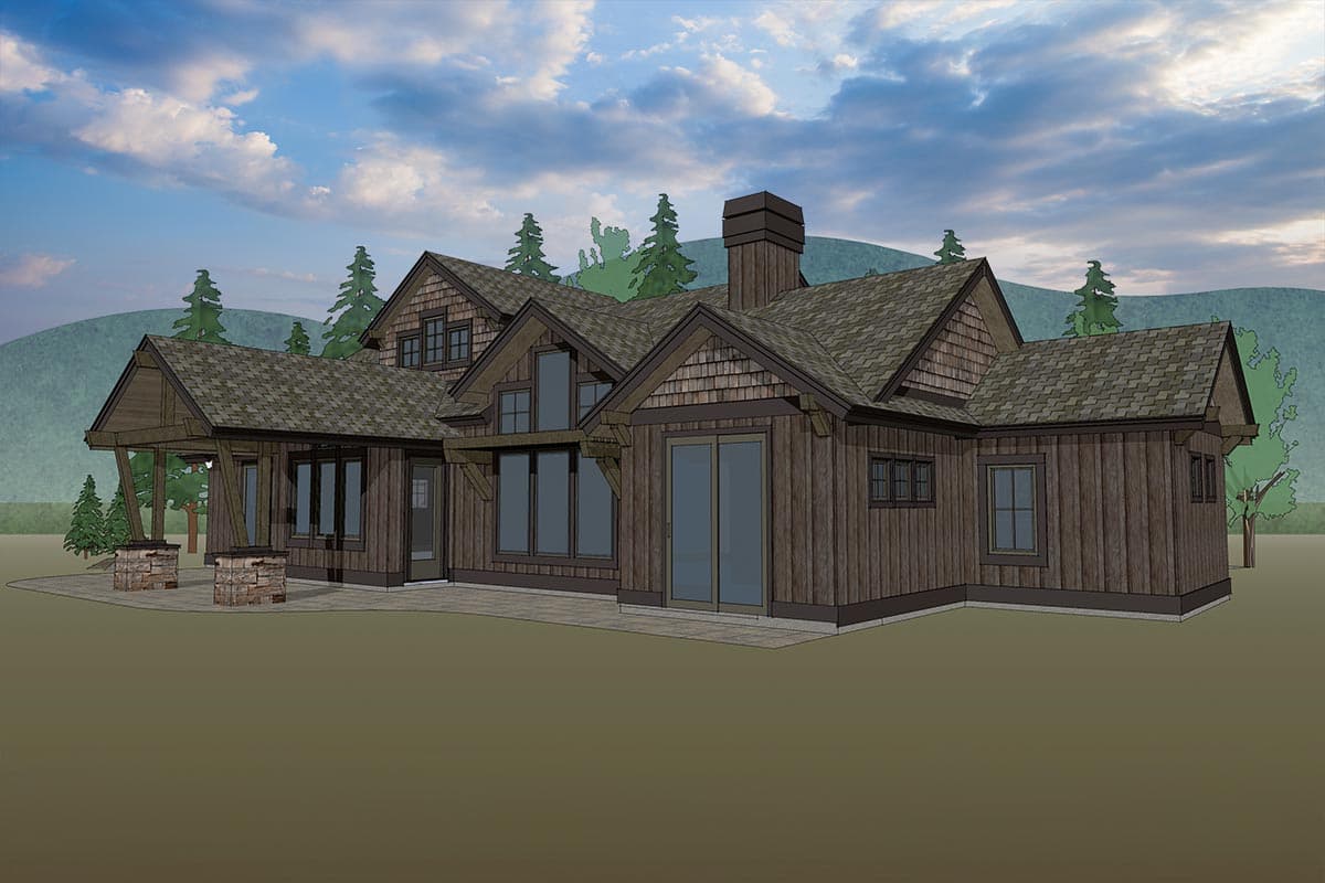 House plan exterior: Timber-clad home with prominent gables, large windows, stone-supported porch, and a chimney.