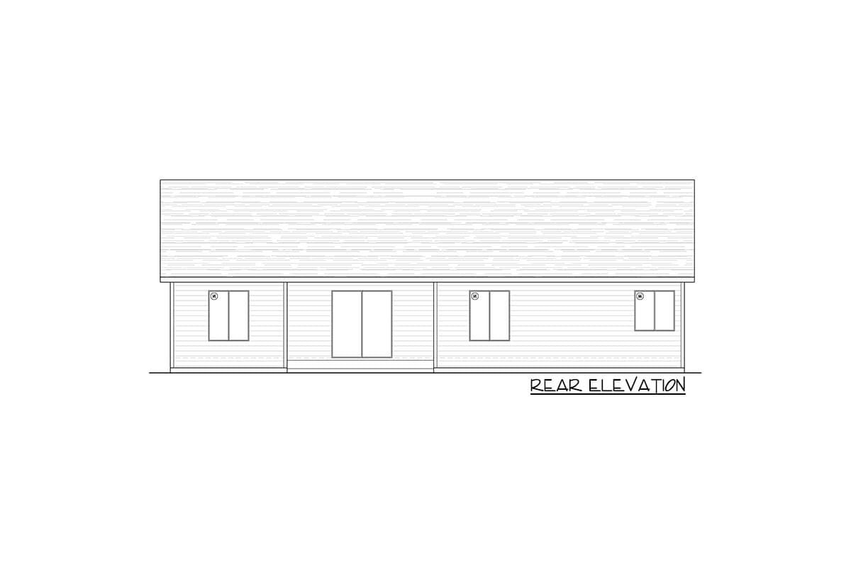 Rear elevation drawing of a house plan with horizontal siding, three windows, and two sliding glass doors.
