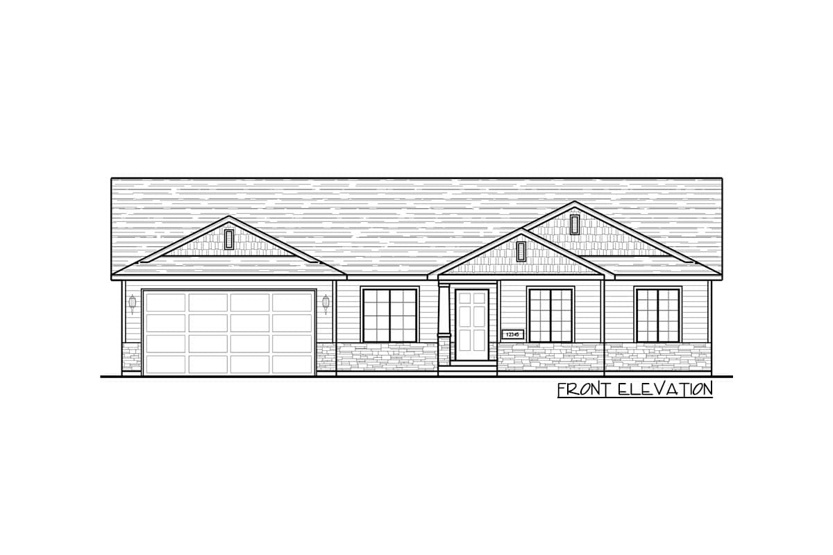 Front elevation drawing of a single-story house with attached garage, gabled dormers, and stone foundation.