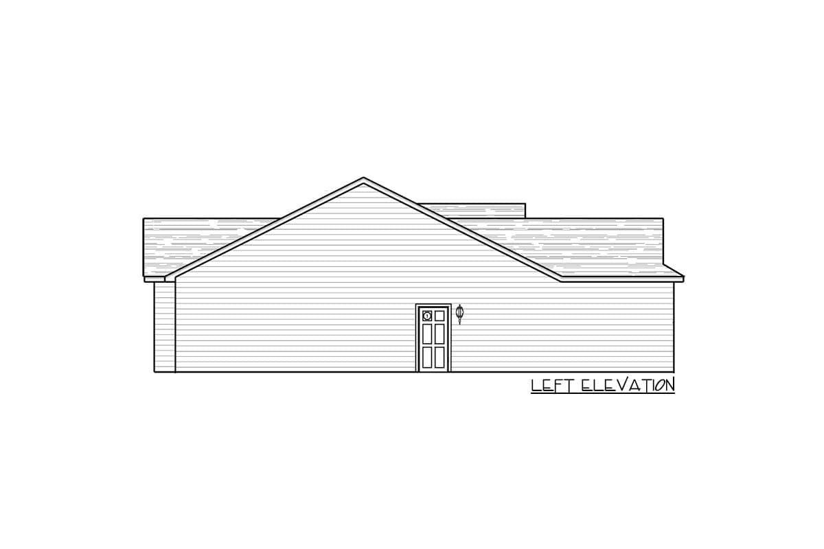 Left elevation drawing of a house plan with horizontal siding, a single door, and varied rooflines.