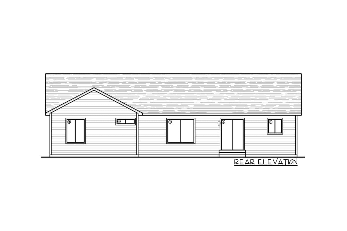 Rear elevation drawing of a single-story house plan with a gable roof, siding, a central door, and four windows.