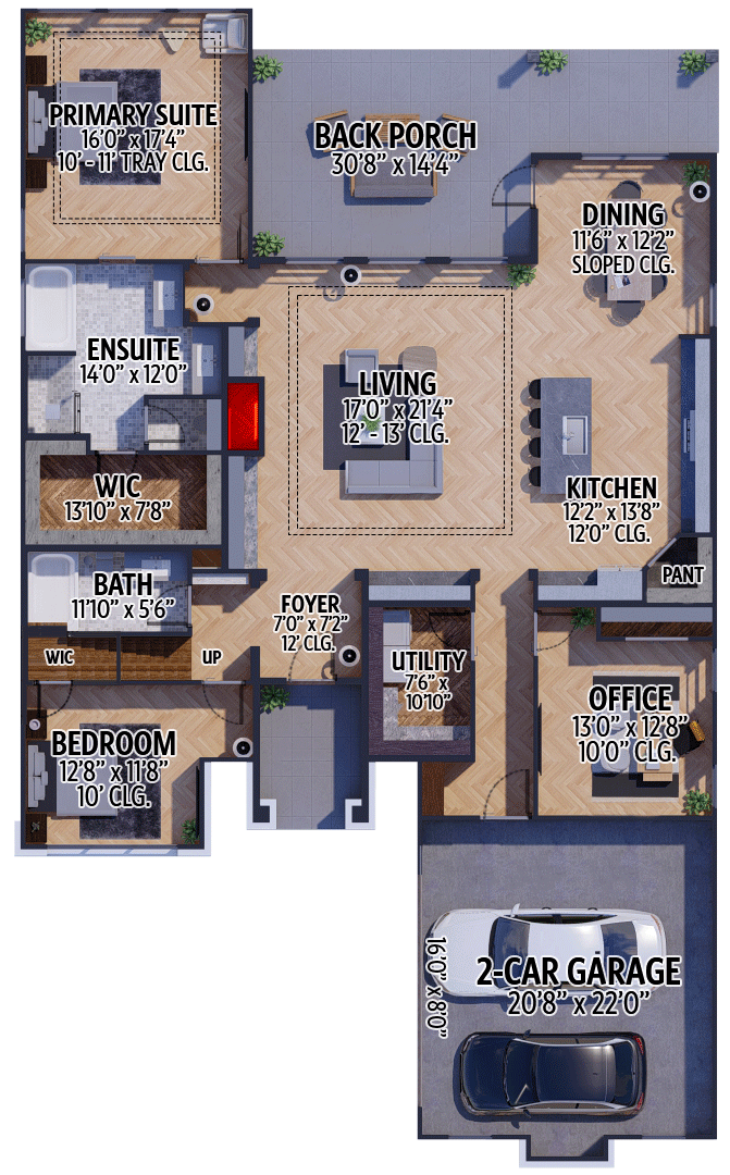 Plan 430090LY: 3 Bed Modern Hill Country House Plan Under 2500 Square Feet - Floor Plan - Main Level - Contemporary, Hill Country, New American, Transitional