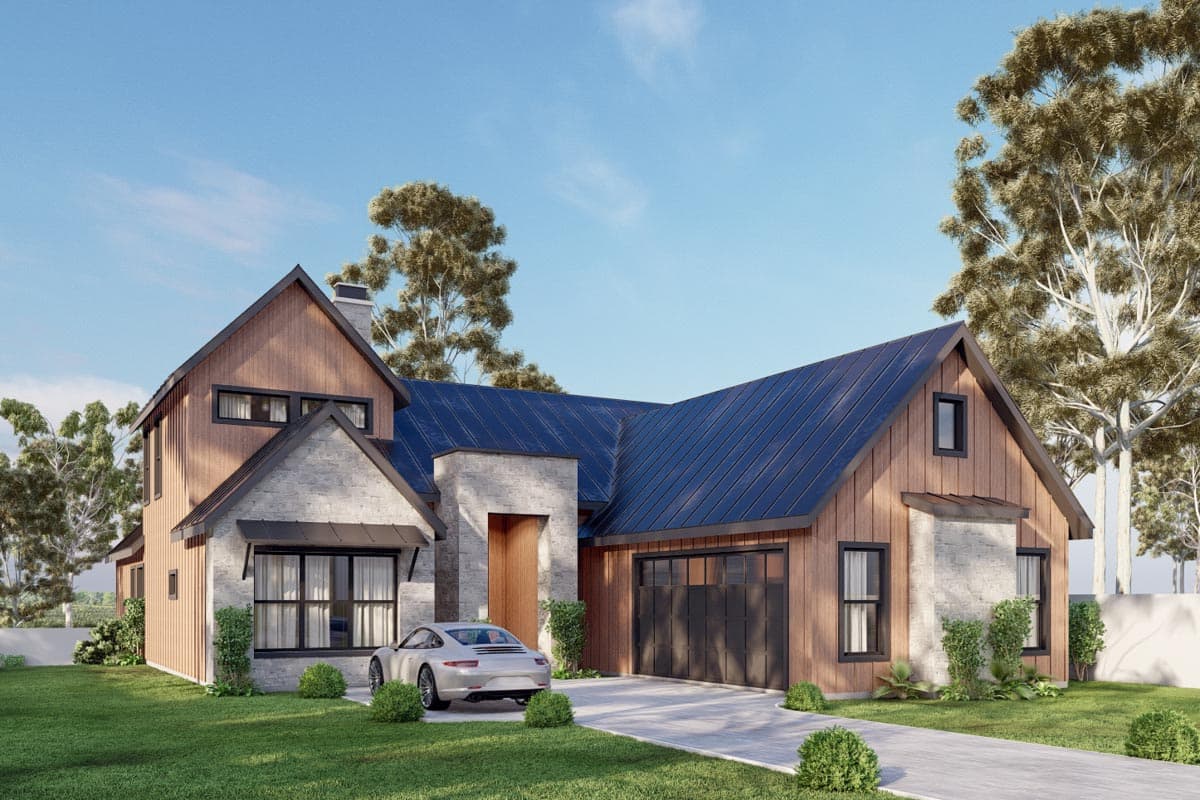 House plan exterior. Two-story Modern Farmhouse with stone and wood siding, gabled roof, and attached garage. Includes a covered entryway.