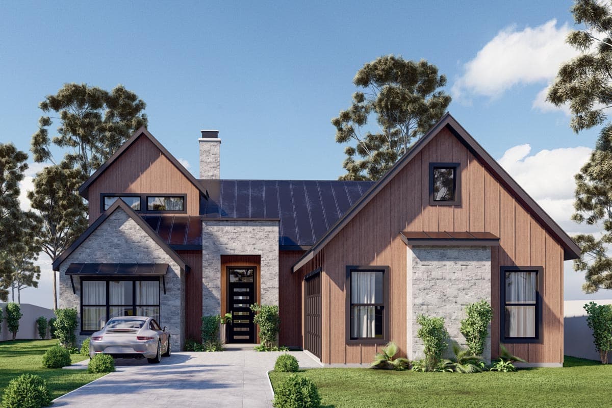 Modern Farmhouse house plan exterior with stone and wood siding, dark metal roof, prominent gables, and a central stone chimney.