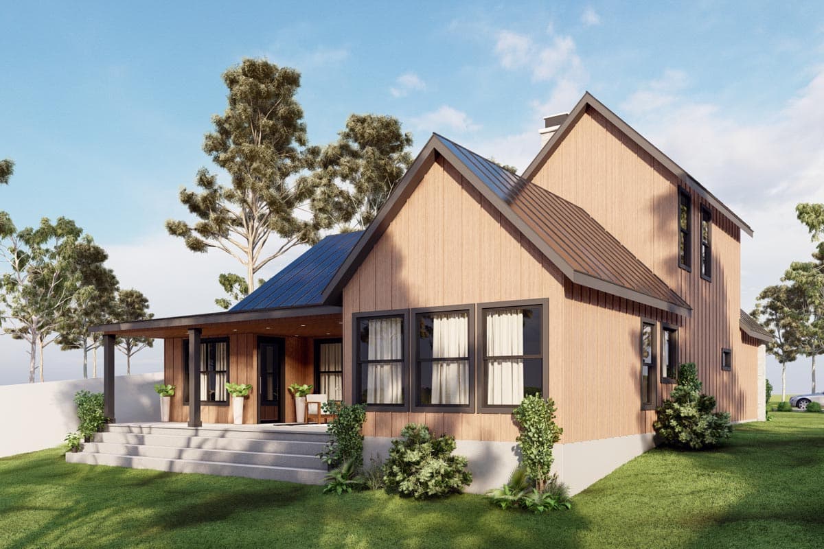 Modern Farmhouse house plan exterior with wood siding, metal roof, front porch, and multiple gables.