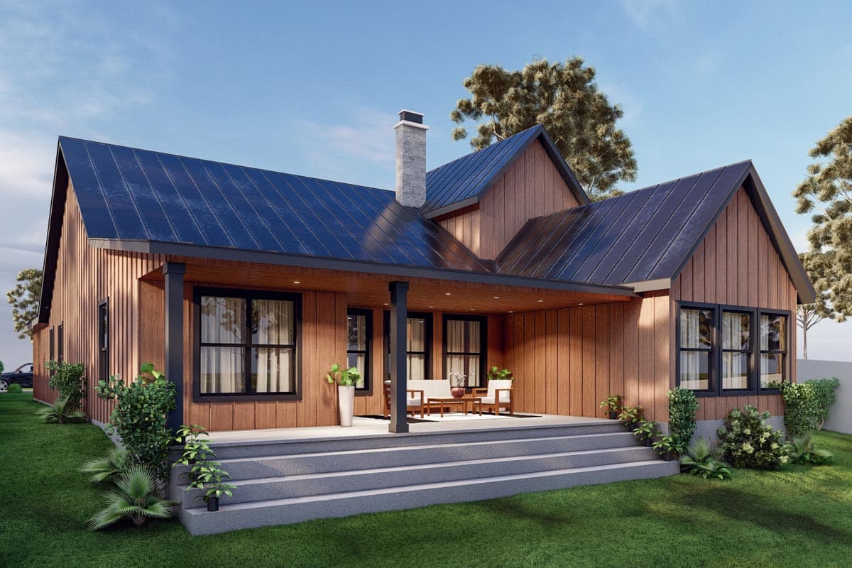 House plan exterior: Modern Farmhouse style, one story, covered porch with seating, stone chimney, wood siding, dark metal roof.