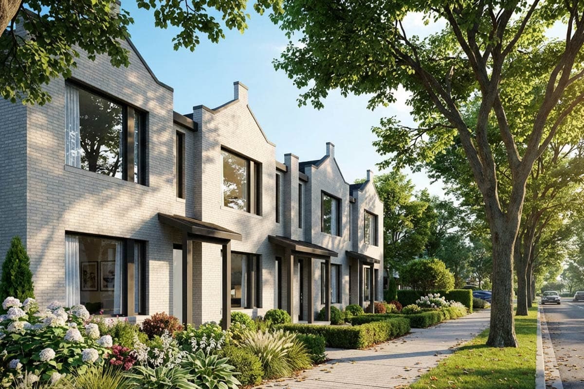 House plan exterior: Modern townhouse with white brick facade, gabled rooflines, dark framed windows, and covered entryways.