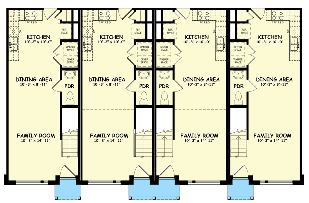 Plan 100314GHR: Multifamily Fourplex Plan with 2-Bedroom End Units and 1-Bedroom Middle Units - Floor Plan - Main Level - European, Southwest, Spanish, Transitional