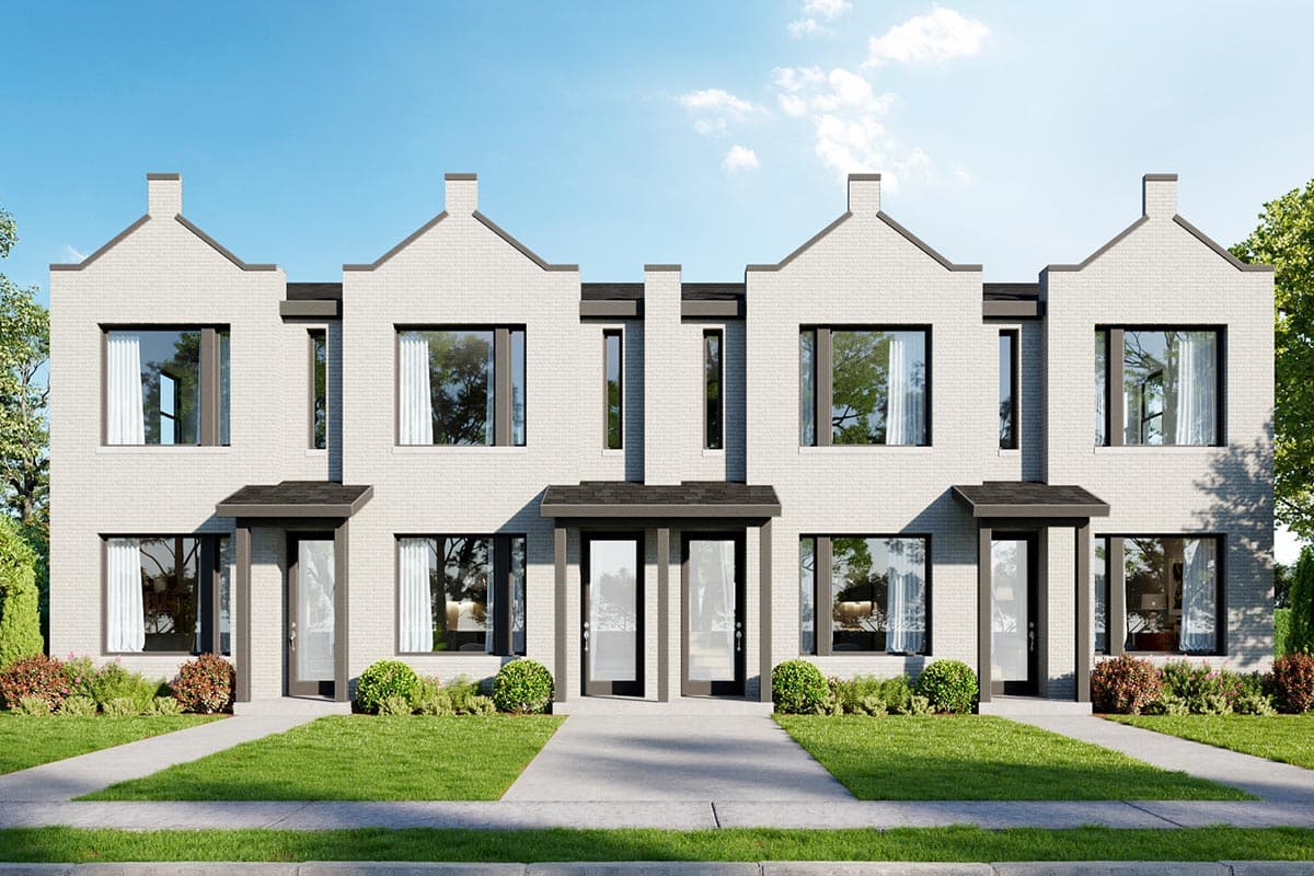 House plan exterior rendering of a modern townhouse with white brick facade, gabled rooflines, and dark framed windows. Two stories.