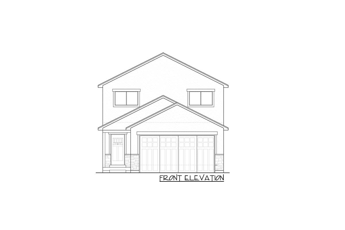 Front elevation drawing of a two-story house plan with a gabled roof, covered entry, and a four-car garage.