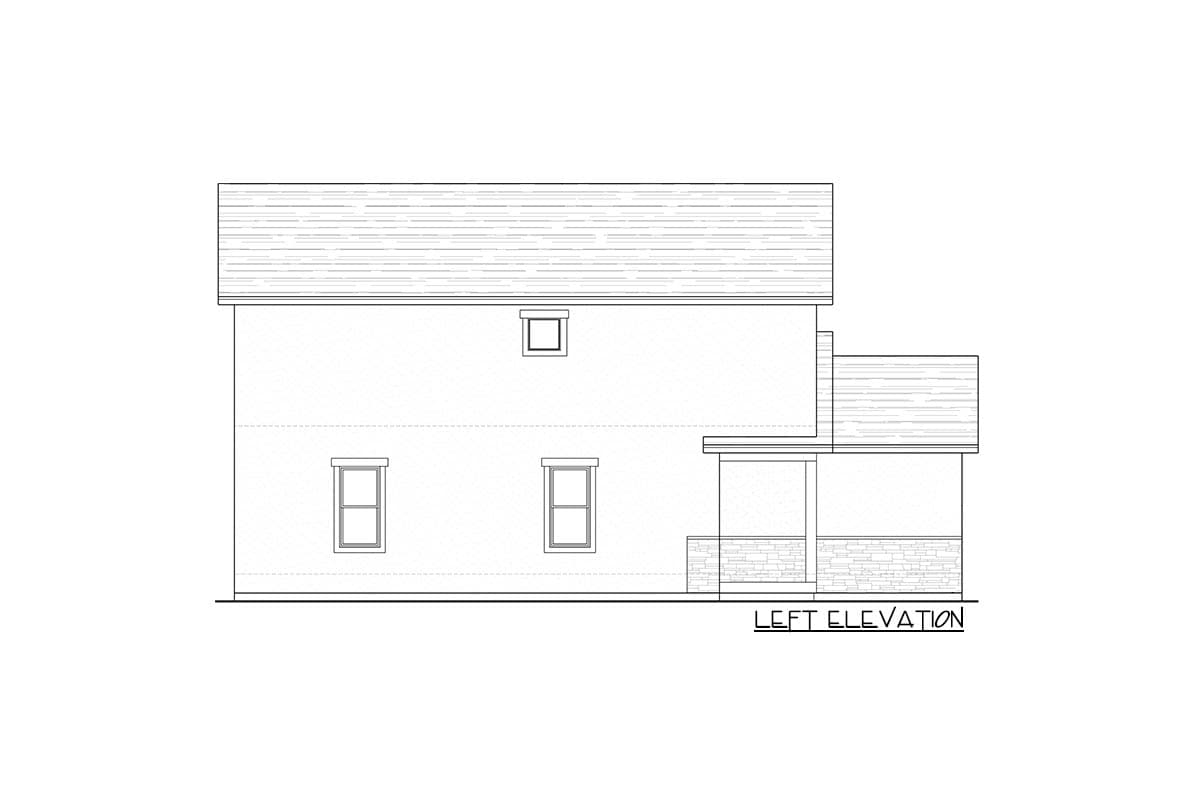 Left elevation drawing of a two-story house plan featuring a covered porch with stone base and two main-level windows.