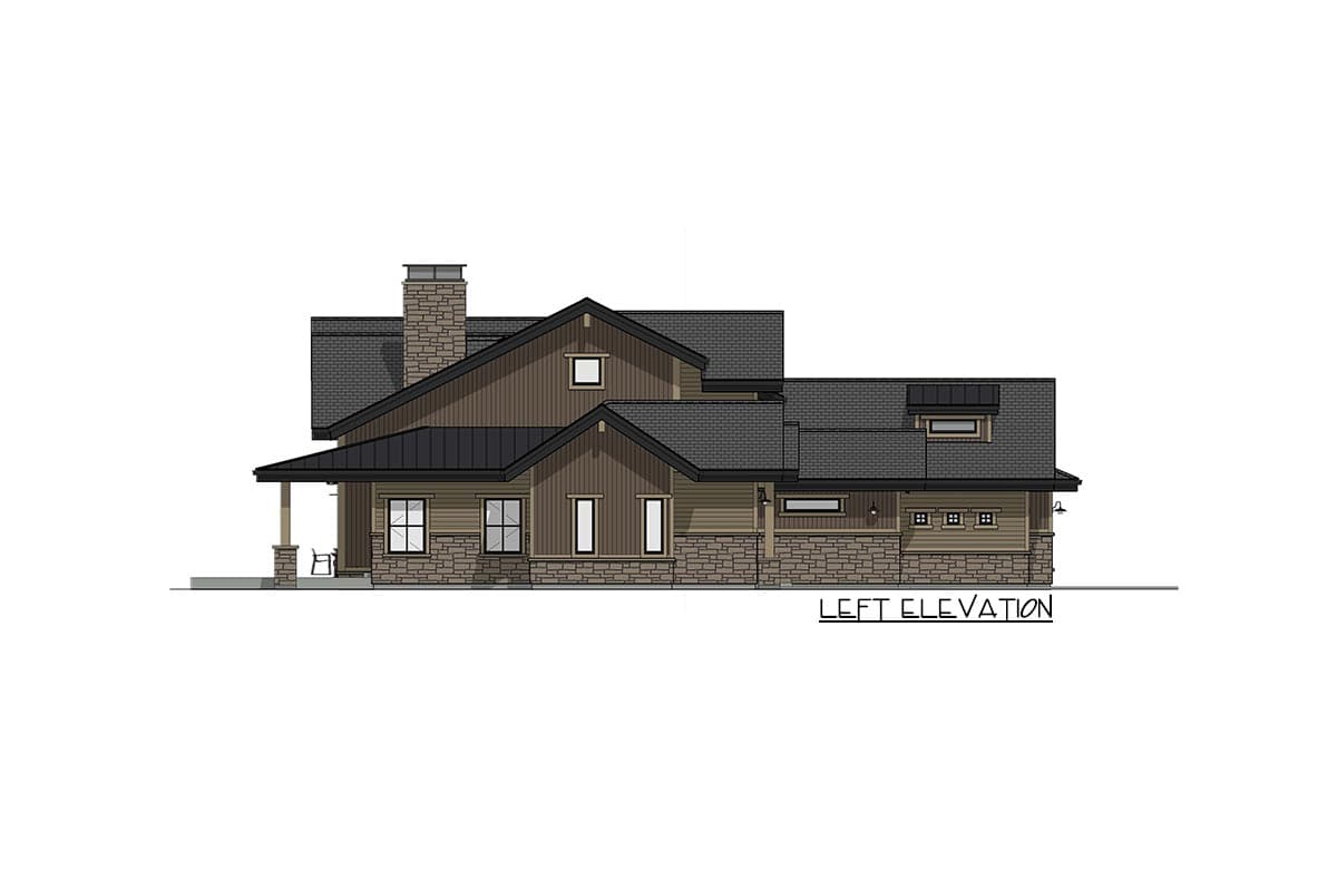 Architectural drawing showing the left elevation of a modern house, featuring stone and wood siding, a chimney, and multiple roof levels.