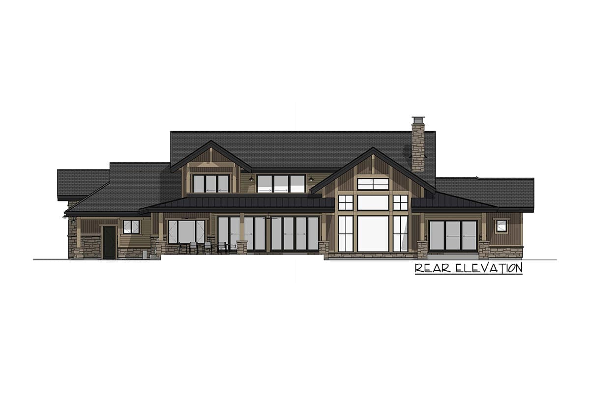 Rear elevation drawing of a modern house with stone accents, large windows, and a dark shingled roof.
