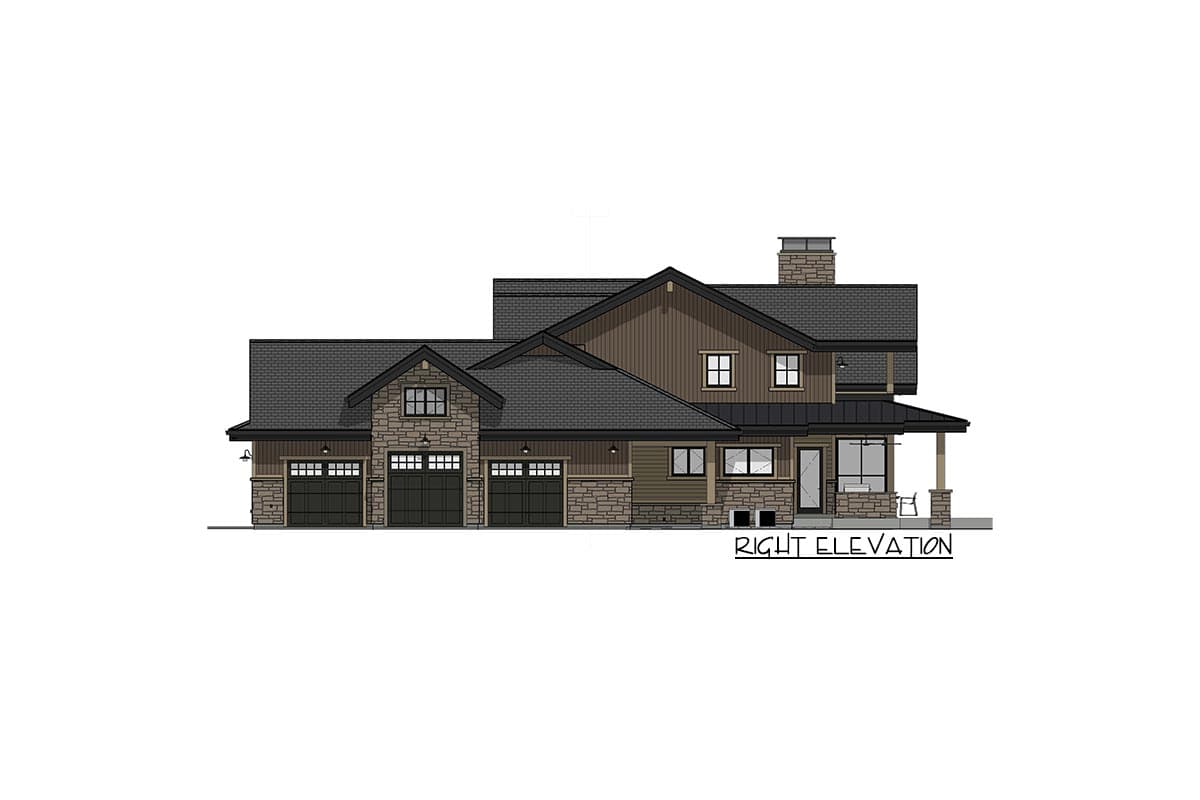 Architectural rendering of a two-story house with a three-car garage. Features include a stone facade, gabled roof, and a covered porch.