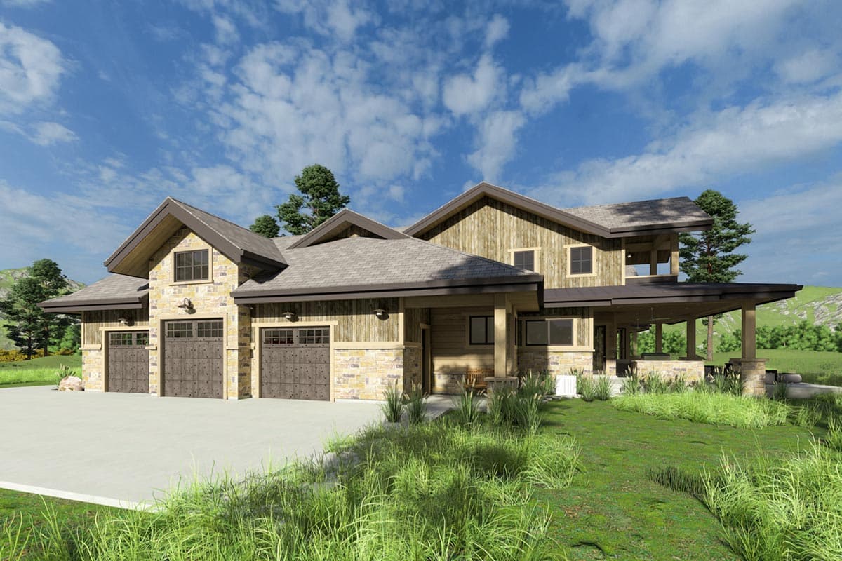 A modern rustic home with a stone and wood exterior, three-car garage, and a covered patio, nestled amidst a grassy lawn under a blue sky.