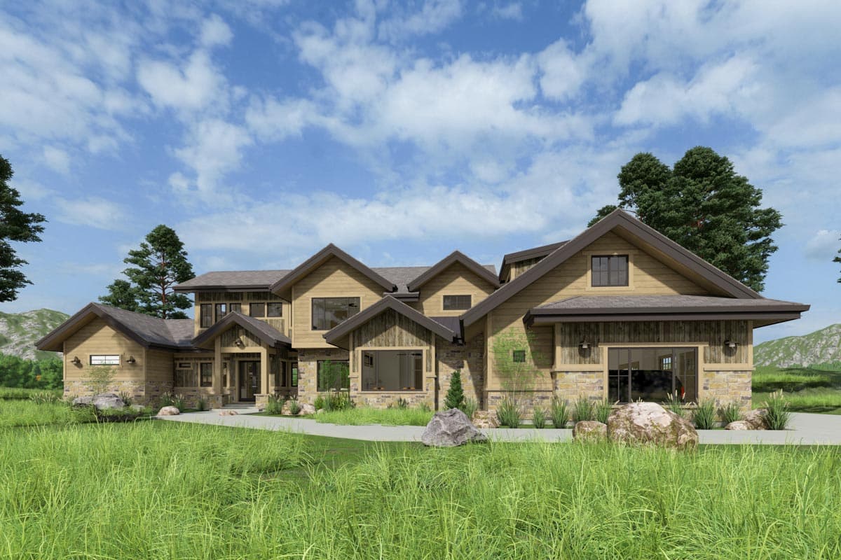 Architectural rendering of a large, multi-gabled home with wood siding and stone accents, set amidst lush green grass and trees.