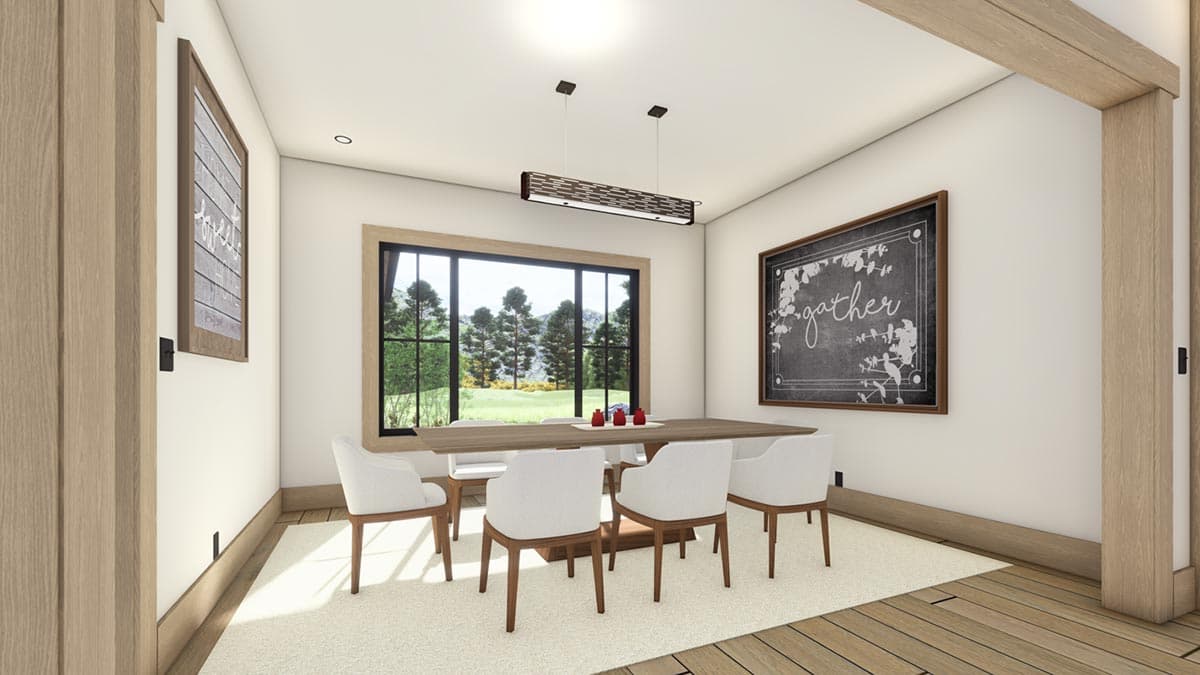 Modern dining room with a table, six white chairs, and a window with a view of trees. Chalkboard art says 'gather'.
