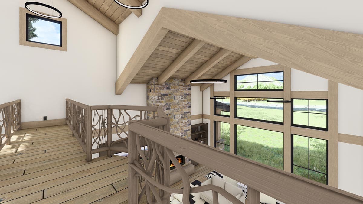Interior rendering of a modern home, showing a balcony overlooking a living area with a stone fireplace, large windows, and exposed beams.