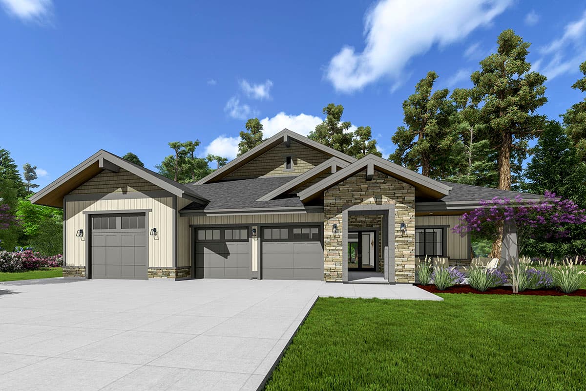 House plan exterior with stone accents, a gable roof, and an attached garage. Features a covered entry and a concrete driveway.