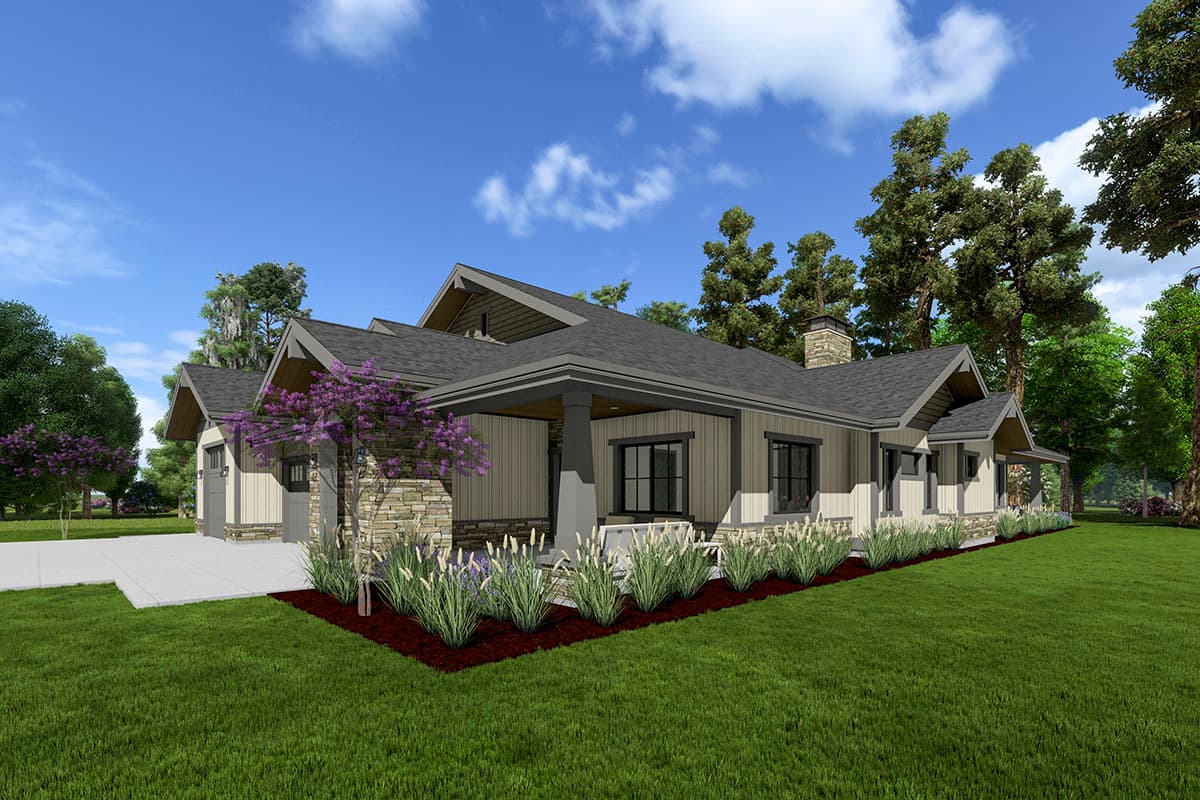House plan exterior: Modern Farmhouse style, one story, with a covered porch, stone accents, and a side-entry garage.