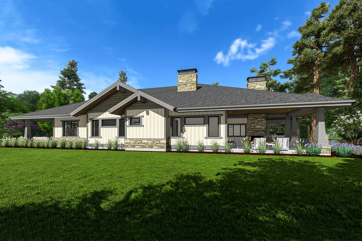 Modern Ranch house plan exterior with stone accents, gabled rooflines, covered porch, and outdoor living area.