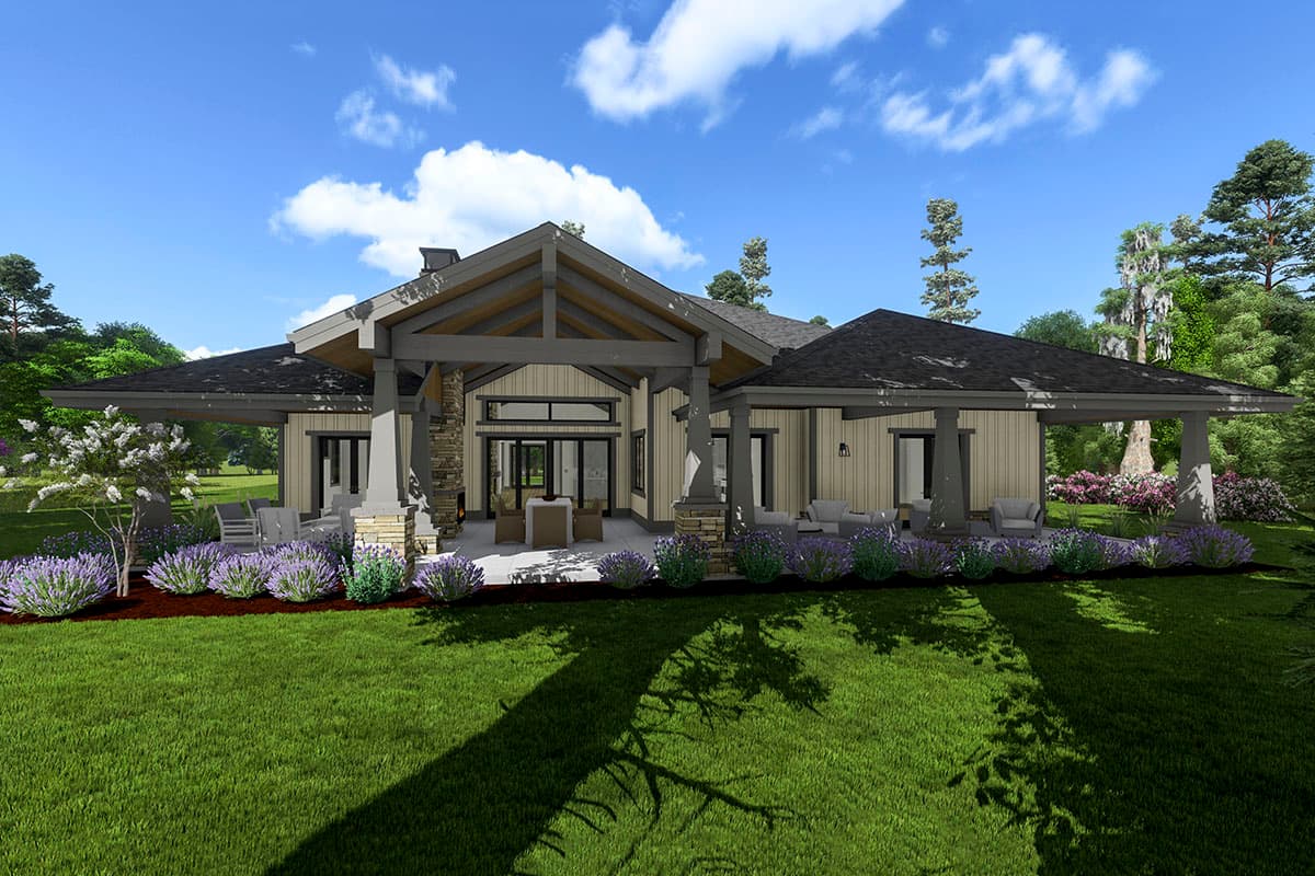 House plan exterior: Ranch style with a large covered porch, exposed beams, stone accents, and extensive landscaping.