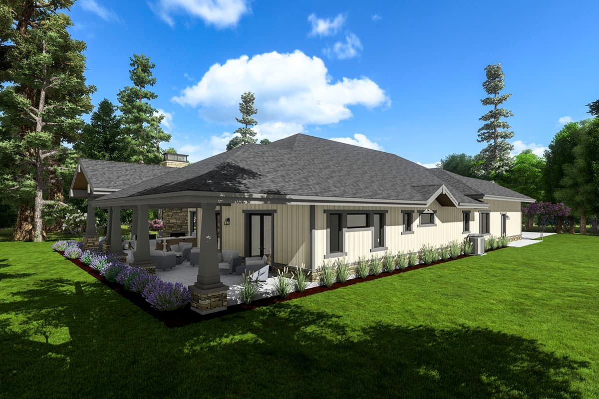 House plan exterior: Single-story Modern Farmhouse with covered porch, gables, and stone accents.