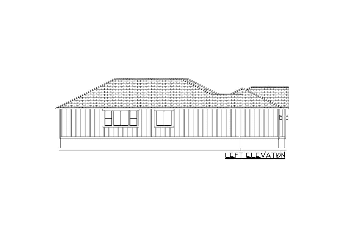 Left elevation of a house plan featuring vertical siding, a covered porch, and hip rooflines with dormers.