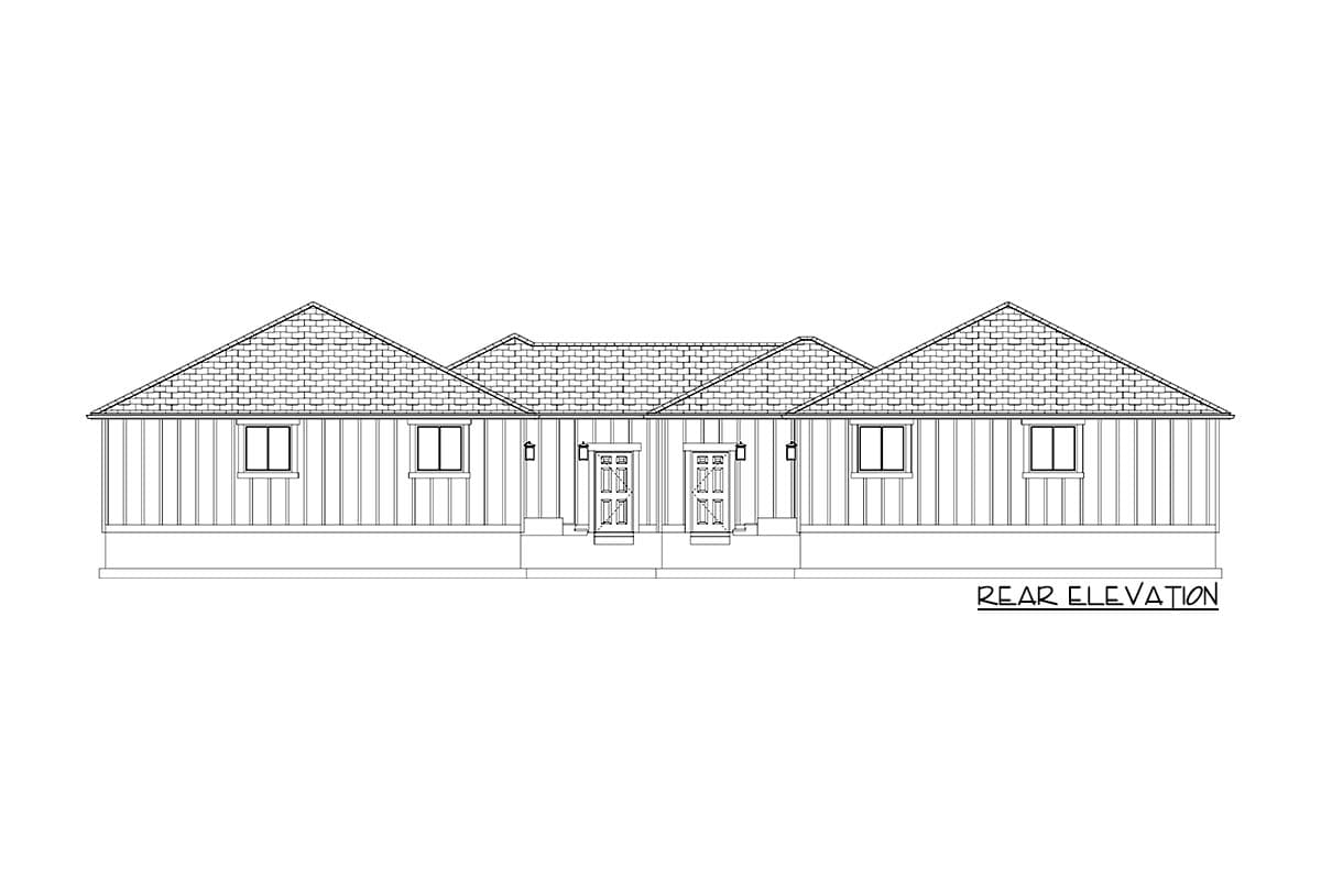 Rear elevation drawing of a single-story house plan with two front doors, gabled rooflines, and vertical siding.