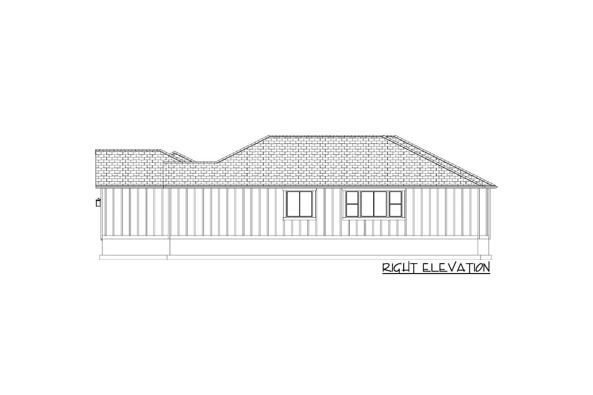 House plan right elevation showing a gabled roof, wood siding, and two windows.