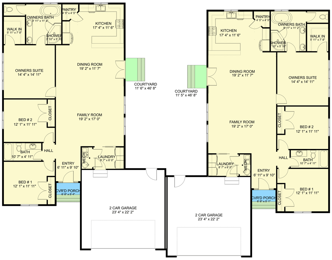 Plan 61461UT: 3-Bed Duplex House Plan with Matching Units Under 1800 Square Feet - Floor Plan - Main Level - Country, Ranch, Traditional