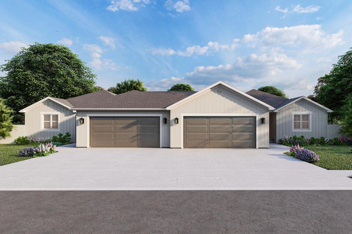 House plan exterior. Ranch style with a two-car garage. Features include a gabled roofline, dormers, and a prominent front-facing garage.
