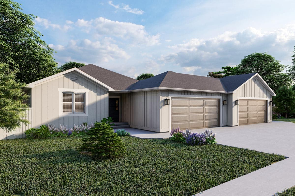 House plan exterior of a one-story Modern Farmhouse with a three-car garage, gable accents, and a covered entry.