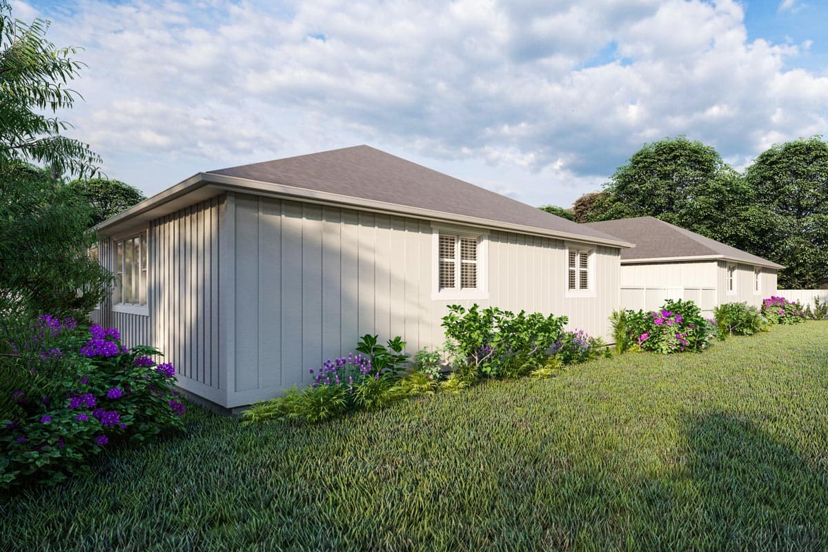 House plan exterior rendering of a one-story dwelling with vertical siding, multiple gables, and a two-car garage.