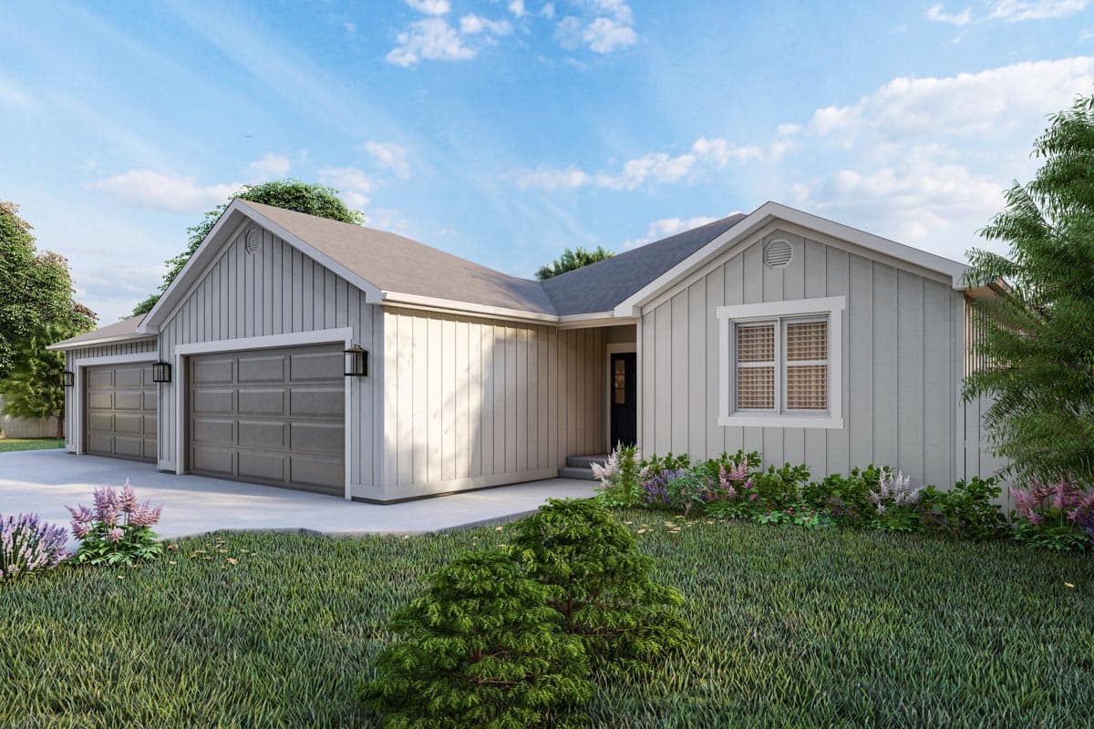 Ranch house plan exterior with three-car garage, board-and-batten siding, and gabled rooflines.